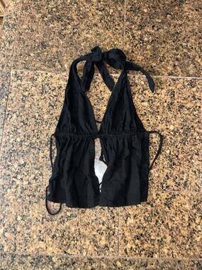 Garage Clothing Black Cotton Halter Peplum Tie-Front Crop Top